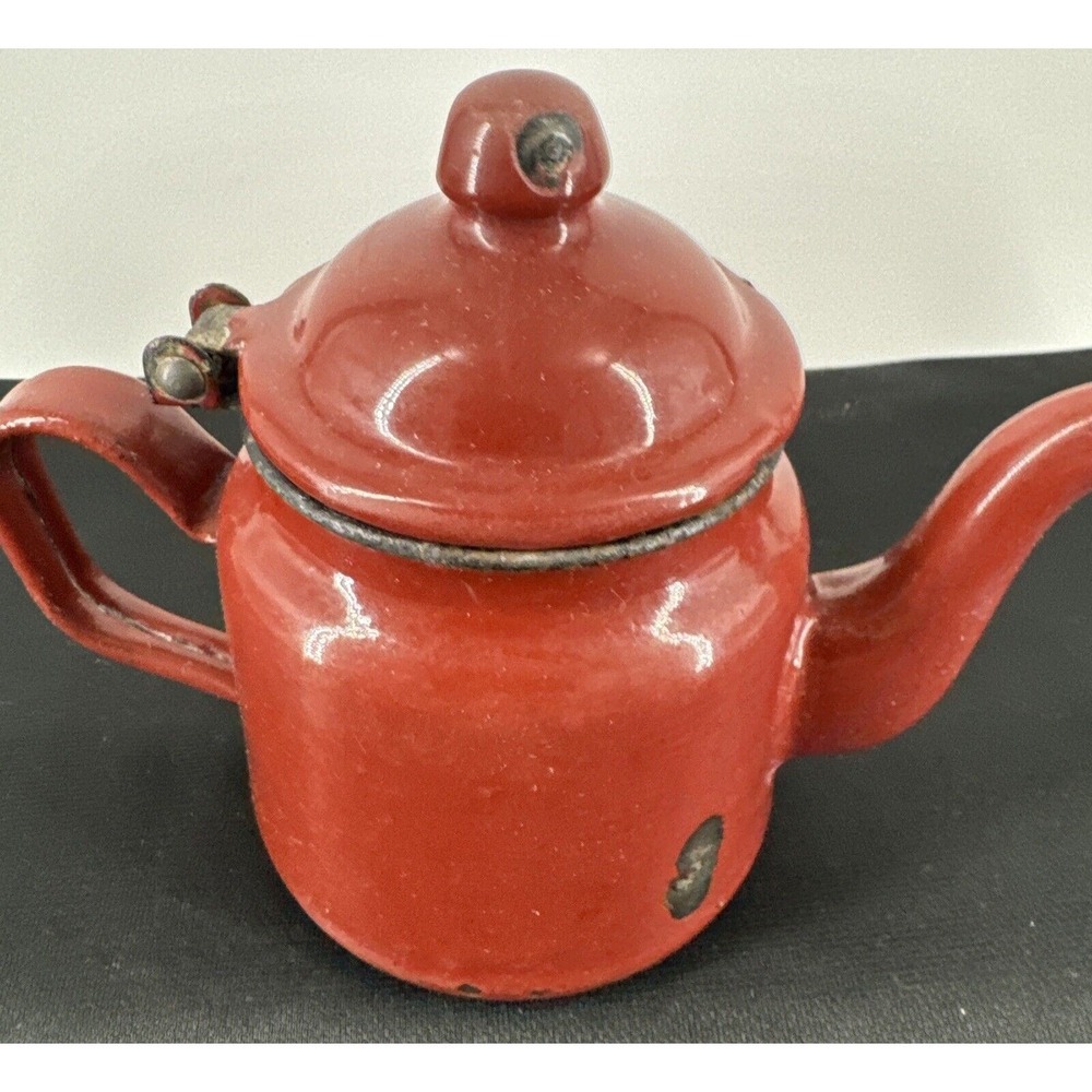 Teapot Burgundy Enamel Metal Farmhouse Decor 4.5" T Gooseneck Spout Distressed - Picture 4 of 11